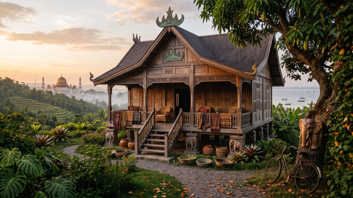 Ilustrasi rumah adat Lampung. (Gemini Ai)