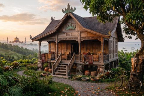 Ilustrasi rumah adat Lampung. (Gemini Ai)